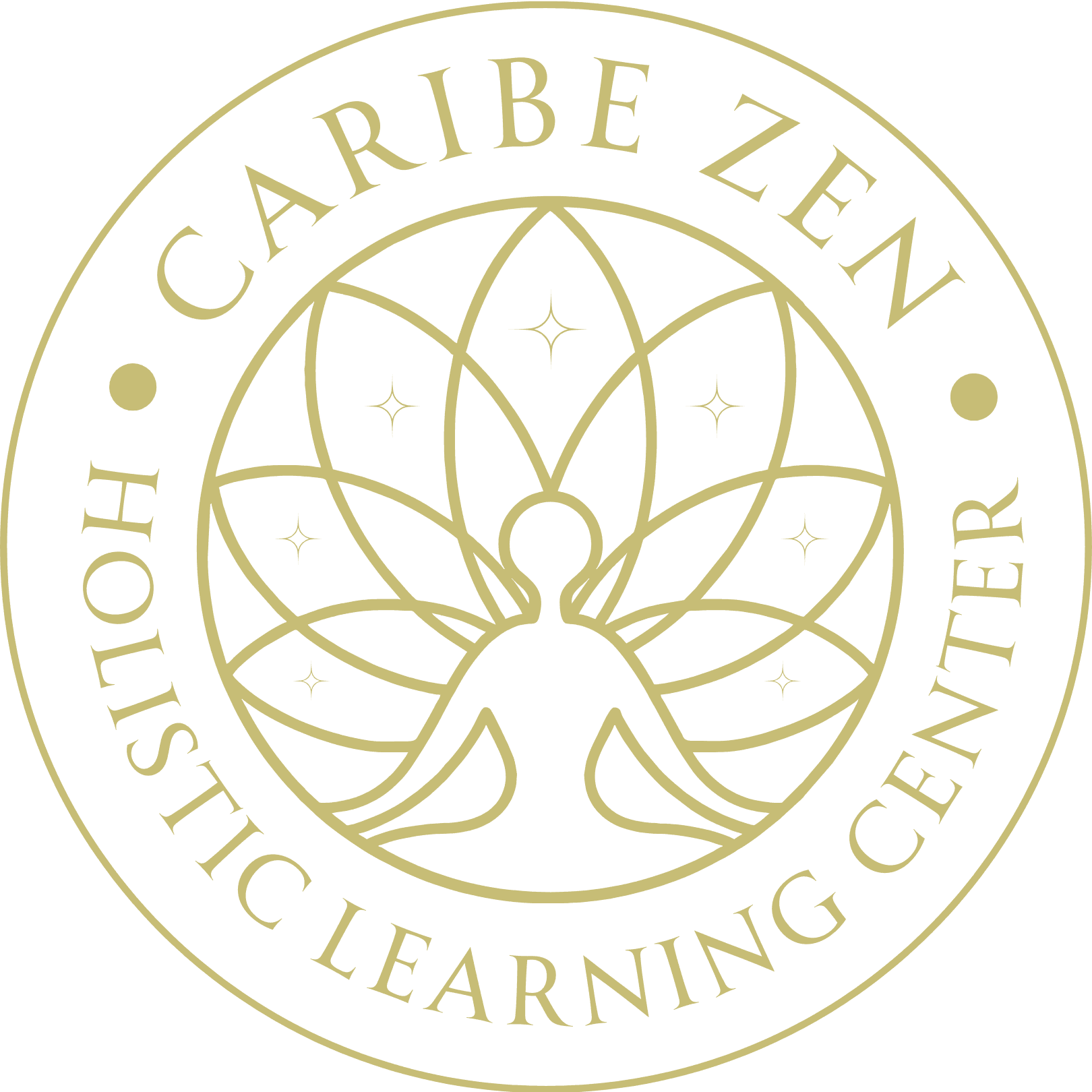 A logo of the outline of a person in a meditative pose with the words "Caribe Zen Holistic Learning Center: going around it.